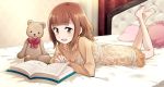  alternate_hairstyle bangs barefoot beatrice_(princess_principal) bed blunt_bangs book brown_eyes brown_hair commentary eyebrows_visible_through_hair feet_up long_hair long_sleeves lying nightgown niina_ryou on_bed on_stomach open_mouth pillow princess_principal reading scarf solo stuffed_animal stuffed_toy teddy_bear 