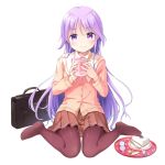  bag black_legwear brown_skirt cake candy commentary_request cup food happiness! highres knees_together_feet_apart long_hair milk mug no_shoes otoko_no_ko pantyhose pink_shirt purple_eyes purple_hair school_briefcase see-through shirt simple_background sitting skirt smile solo tamakake toes tray watarase_jun white_background 