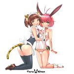 ahoge animal_ears apron artist_name ass bikini_top black_legwear brown_eyes brown_hair bunny_ears bunny_tail cat_ears cat_tail character_request commentary_request face-to-face green_eyes hand_on_another's_chest hand_on_own_chest highres isekai_maou_to_shoukan_shoujo_dorei_majutsu kneeling lifted_by_self loincloth loincloth_lift looking_at_viewer maid_headdress mouth_hold multiple_girls nail_polish navel one-piece_swimsuit open_mouth panties pink_hair shoes short_hair short_twintails simple_background smile swimsuit sylvie_(isekai_maou_to_shoukan_shoujo_dorei_majutsu) tail tail_slit_clothes tail_through_clothes teruchan thighhighs twintails underwear waist_apron white_background white_panties 