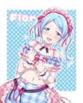  :d bikini black_bow blue_eyes blue_hair blush bow character_name embarrassed fire_emblem fire_emblem_if flora_(fire_emblem_if) flying_sweatdrops heart hiyori_(rindou66) looking_at_viewer navel open_mouth plaid polka_dot polka_dot_background red_bow ribbon-trimmed_clothes ribbon_trim smile solo swimsuit twintails 
