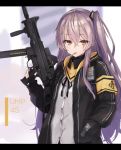  armband bangs black_ribbon character_name clothes_writing commentary crossed_bangs eyebrows_visible_through_hair fingerless_gloves girls_frontline gloves grey_hair gun h&amp;k_ump h&amp;k_ump45 hair_between_eyes hair_ornament hand_in_pocket heckler_&amp;_koch holding holding_gun holding_weapon hood hood_down hooded_jacket jacket letterboxed long_hair looking_at_viewer mouth_hold neck_ribbon one_side_up open_clothes open_jacket ribbon scar scar_across_eye scarf shirt sidelocks skirt solo submachine_gun sugar_(sugar17) trigger_discipline ump45_(girls_frontline) untucked_shirt weapon white_shirt yellow_eyes 