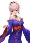  absurdres bangs blue_eyes blue_kimono blush breasts commentary_request cowboy_shot earrings eyebrows_visible_through_hair fate/grand_order fate_(series) highres hoshibudou japanese_clothes jewelry kimono leaf_print long_sleeves looking_at_viewer medium_breasts miyamoto_musashi_(fate/grand_order) necklace obi open_mouth pendant pink_hair ponytail sash shirt short_hair simple_background single_sidelock solo swept_bangs teeth underbust v-shaped_eyebrows white_background white_shirt wide_sleeves 