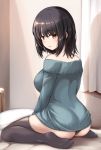  ass bangs bare_shoulders bed_sheet big_wednesday black_hair black_legwear black_panties blue_sweater blush breasts commentary_request curtains eyebrows_visible_through_hair from_side full_body highres indoors large_breasts long_sleeves looking_at_viewer looking_to_the_side no_pants no_shoes off-shoulder_sweater on_bed original panties pantyshot pantyshot_(sitting) parted_lips pillow red_eyes shadow shiny shiny_skin short_hair sitting solo sweater thighhighs underwear wariza 