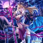  black_cape blonde_hair blue_legwear breasts cape chain cleavage cloud esukee fur_trim holding holding_sword holding_weapon horns kaizoku_ookoku_koronbusu lightning long_hair looking_at_viewer medium_breasts moon navel official_art pile_of_skulls purple_eyes purple_moon skull sky smile solo standing sword thighhighs tiara watermark weapon 