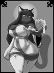 2018 anthro big_breasts border breasts clothed clothing conditional_dnp cross dark_fur digital_media_(artwork) dress feline female front_view frown fur grey_background hair jewelry legwear long_hair mammal monochrome navel raised_eyebrow religion ring simple_background solo standing thick_thighs thigh_highs tight_clothing wide_hips xopachi 