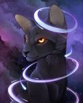  2015 ambiguous_gender black_fur black_nose cat cosmic_background digital_media_(artwork) feline feral fur mammal maplespyder sitting solo 