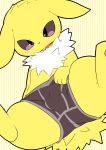  blush brown_eyes bulge chest_tuft clothing cute_fangs eeveelution feral fur hand_on_crotch jolteon looking_at_viewer male nintendo open_mouth pawpads pok&eacute;mon pok&eacute;mon_(species) red_pawpads simple_background spread_legs spreading tongue tuft underwear video_games white_fur yellow_fur ミル 
