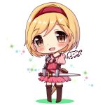  :d bangs blonde_hair blush boots brown_eyes brown_footwear brown_legwear chibi commentary_request djeeta_(granblue_fantasy) eyebrows_visible_through_hair full_body gauntlets hair_between_eyes hairband head_tilt highres holding holding_sword holding_weapon looking_at_viewer md5_mismatch nyano21 open_mouth pink_shirt pink_skirt pleated_skirt princess_connect! princess_connect!_re:dive puffy_short_sleeves puffy_sleeves red_hairband shirt short_hair short_sleeves signature skirt smile solo sparkle sword thigh_boots thighhighs weapon white_background 