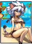  animal_ears arm_support bangs beach bikini black_border blush border breasts cat_ears cat_girl cat_tail cloud commentary_request dakusuta day earrings elh_melizee facial_mark floating_island frilled_bikini_bottom furry hair_between_eyes hairband hand_on_own_chest highres jewelry knees_together_feet_apart looking_at_viewer ocean outdoors outside_border sitting sky small_breasts solatorobo solo swimsuit tail water white_hair yellow_eyes 