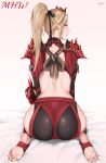  artist_name ass backless_outfit barefoot bed_sheet black_legwear blonde_hair blue_eyes blush braid commentary_request earrings feet from_behind full_body gradient gradient_background hair_ornament highres hip_vent jewelry knot long_hair looking_back mole mole_under_eye monster_hunter monster_hunter:_world odogaron_(armor) ponytail profile rope rosaline seiza shoulder_armor sitting soles solo 