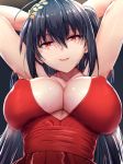  ahoge alternate_costume armpits arms_behind_head azur_lane bangs bare_shoulders black_hair blush breasts choker cleavage cocktail_dress collarbone commentary_request covered_nipples dress eyebrows_visible_through_hair gradient gradient_background hair_between_eyes hair_ornament highres huge_breasts large_breasts long_hair looking_at_viewer open_mouth red_choker red_dress red_eyes shinyashiki sidelocks simple_background smile solo sweat taihou_(azur_lane) upper_body very_long_hair 