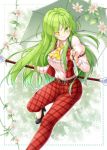  ;) aka_tawashi ascot bangs belt black_footwear blurry blush breasts cane commentary_request english eyebrows_visible_through_hair eyes_visible_through_hair feet_out_of_frame flower green_eyes green_hair hair_between_eyes high-waist_pants high_heels highres holding holding_umbrella juliet_sleeves kazami_yuuka kazami_yuuka_(pc-98) large_breasts leg_up long_hair long_sleeves looking_at_viewer one_eye_closed outline pants plaid plaid_pants plaid_vest pocket puffy_sleeves red_pants red_vest shirt sidelocks sleeve_garters smile solo thighs touhou touhou_(pc-98) umbrella very_long_hair vest white_flower white_outline white_shirt wing_collar yellow_neckwear 