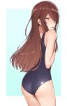  ass brown_eyes brown_hair cowboy_shot embarrassed from_behind highres idolmaster idolmaster_shiny_colors long_hair looking_at_viewer nnoelllll okota_(pixiv) one-piece_swimsuit oosaki_tenka school_swimsuit simple_background solo swimsuit white_background 