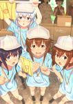  6+girls akatsuki_(kantai_collection) bismarck_(kantai_collection) black_hair blue_eyes blue_shirt box brown_eyes brown_hair cabbie_hat cardboard_box commentary cosplay endou_aya faceless faceless_female flag flat_cap folded_ponytail grey_hat grey_shorts hair_between_eyes hat hataraku_saibou hibiki_(kantai_collection) highres holding holding_flag ikazuchi_(kantai_collection) inazuma_(kantai_collection) jacket kantai_collection key_kun long_hair looking_at_viewer multiple_girls nagato_(kantai_collection) open_mouth platelet_(hataraku_saibou) platelet_(hataraku_saibou)_(cosplay) pointing purple_eyes purple_hair red_blood_cell_(hataraku_saibou) red_blood_cell_(hataraku_saibou)_(cosplay) red_jacket sakawa_(kantai_collection) seiyuu_connection shirt short_hair shorts signature silver_hair twitter_username white_blood_cell_(hataraku_saibou) white_blood_cell_(hataraku_saibou)_(cosplay) white_hat 