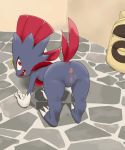  2_tails all_fours anus bag blush butt claws clitoral_hood fangs feline female full_body hi_res humanoid looking_back mammal multi_tail nintendo nude open_mouth pok&eacute;mon pok&eacute;mon_(species) pussy pussy_juice rear_view red_eyes sake_(pixiv) smile solo textless uncensored video_games weavile 
