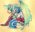  2018 ambiguous_gender bejewelled blue_eyes blue_scales dragon feral frill gem green_scales heather_bruton horn knitting knitting_needle looking_at_viewer membranous_wings scales scalie signature simple_background sitting smile solo spines tan_background traditional_media_(artwork) wings yarn 
