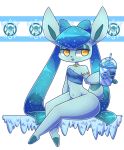  &lt;3 &lt;3_eyes anthro armlet artist beverage bottomless clothed clothing eeveelution featureless_feet female frozen glaceon hair hashu ice ice_type jewelry long_hair navel necklace nintendo partially_clothed pok&eacute;mon pok&eacute;mon_(species) sash short_tail simple_background slushie solo thick_hips tongue tongue_out vendetta_(hashu) video_games white_background yellow_eyes 