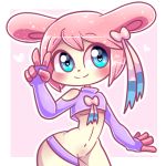  &lt;3 &lt;3_eyes anthro arched_back big_eyes blue_eyes blush bottomless bow breasts clothed clothing crop_sweater eeveelution female hair hashu icon lagomorph looking_at_viewer mammal navel nintendo pink_hair pok&eacute;mon pok&eacute;mon_(species) queen queenie_(hashu) rabbit royalty skimpy smile solo sylveon thick_thighs under_boob v_sign video_games 