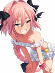  astolfo_(fate) bangs bare_shoulders bent_over bikini black_bow blush bow braid collarbone cowboy_shot crossdressing eyebrows_visible_through_hair fang fate/grand_order fate_(series) grin hair_between_eyes hair_bow hair_intakes hands_on_own_thighs long_hair looking_at_viewer male_focus multicolored_hair otoko_no_ko pink_bow pink_eyes pink_hair sayshownen simple_background single_braid smile solo star streaked_hair swimsuit teeth two-tone_hair very_long_hair white_background white_hair 