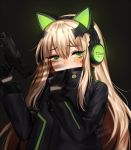  black_background black_gloves black_jacket blush cat_ear_headphones commentary covered_mouth embarrassed english_commentary eyebrows_visible_through_hair girls_frontline gloves green_eyes gun hair_between_eyes half_gloves headphones holding holding_gun holding_weapon jacket light_brown_hair long_hair long_sleeves looking_at_viewer solo steyr_tmp submachine_gun terupancake tmp_(girls_frontline) twitter_username upper_body weapon 