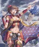  :o armlet armor blue_eyes breasts brown_hair cowboy_shot esukee fan flag folding_fan glasses grey_sky hair_ornament holding holding_fan leaf looking_afar medium_breasts navel official_art outdoors pointing sengoku_saga short_hair solo standing storm watermark wind 