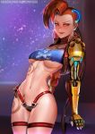  badcompzero braid breasts cowboy_shot green_eyes half-closed_eyes highres jacket jewelry jinx_(league_of_legends) league_of_legends mechanical_arm medium_breasts navel necklace odyssey_jinx open_clothes open_jacket orange_hair panties panty_pull prosthesis smile solo stomach tattoo underboob underwear 