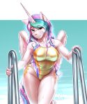  2018 absurd_res anthro clothing cutie_mark digital_media_(artwork) equine female friendship_is_magic hair hi_res horn long_hair looking_at_viewer mammal multicolored_hair my_little_pony mykegreywolf one-piece_swimsuit princess_celestia_(mlp) solo swimsuit wet winged_unicorn wings 