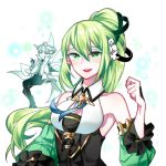  1girl ainchase_ishmael armpits bare_shoulders chuki_(lydia) collarbone detached_sleeves elf elsword erbluhen_emotion_(elsword) flower green_eyes green_hair green_sleeves hair_flower hair_ornament highres miniboy pointy_ears rena_(elsword) side_ponytail smile wind_sneaker_(elsword) 