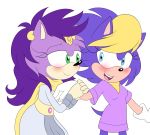  anthro archie_sonic bernadette_hedgehog chocolatechippi clothed clothing duo female female_female fully_clothed hedgehog mammal queen_aleena simple_background sonic_(series) sonic_underground white_background 