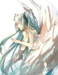  ahoge angel aqua_hair bangs bare_arms bare_shoulders blush chinese_commentary closed_eyes collarbone commentary_request dress eyebrows_visible_through_hair feathered_wings feathers hair_ornament hand_up hatsune_miku highres long_hair mixed-language_commentary music open_mouth pixiv13573939 profile simple_background singing sleeveless sleeveless_dress solo sundress twintails upper_teeth very_long_hair vocaloid white_background white_dress wings 