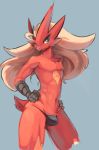  2018 anthro avian blaziken blonde_hair blue_background blue_eyes bulge clothing digital_media_(artwork) feathers front_view grey_scales hair hands_on_hips long_hair male muscular muscular_male navel nintendo orange_feathers pecs pok&eacute;mon pok&eacute;mon_(species) portrait red_feathers scales short_tail simple_background smile solo somnamg standing thong three-quarter_portrait video_games 