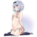  artist_name baba_arumi bikini blue_eyes breasts choker commentary_request cowboy_shot dated hair_ornament hairband hand_on_own_chest hip_bones micro_bikini navel parted_lips ryuuou_no_oshigoto! short_hair side-tie_bikini silver_hair simple_background small_breasts snowflake_hair_ornament solo sora_ginko string_bikini swimsuit white_bikini 