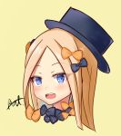  :d abigail_williams_(fate/grand_order) arutone bangs black_bow black_hat blonde_hair blue_eyes blush bow eyebrows_visible_through_hair face fate/grand_order fate_(series) forehead hair_bow hat head highres long_hair looking_at_viewer open_mouth orange_bow parted_bangs polka_dot polka_dot_bow round_teeth signature simple_background smile solo teeth upper_teeth yellow_background 