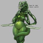  2_legs 3_fingers 4_arms 4_eyes breasts colored dialogue english_text female horn long_tail looking_at_viewer mantis_arms meandraco multi_arm multi_eye multi_limb nude purple_eyes purple_iris simple_background slit_pupils solo tail_around_leg text unknown_species 