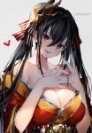  azur_lane bangs bare_shoulders black_hair blush breasts choker cleavage cocktail_dress collarbone commentary_request dated dress eyebrows_visible_through_hair grey_background hair_between_eyes hair_ornament hair_ribbon head_tilt heart highres japanese_clothes large_breasts long_hair looking_at_viewer parted_lips red_choker red_dress red_eyes red_string ribbon simple_background smile solo string taihou_(azur_lane) tied_hair twintails umibouzu_(niito) wide_sleeves 