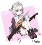  belt blonde_hair blue_eyes character_name combat_knife commentary girls_frontline gloves gun highres knife kongthegrain looking_at_viewer m1897_(girls_frontline) short_hair shotgun shotgun_shells shovel simple_background solo thighhighs weapon winchester_model_1897 