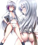  1girl ahoge ass black_legwear blue_eyes blush flat_chest fundoshi grin groin hand_on_hip hands_on_hips hoshi_shouko idolmaster idolmaster_cinderella_girls japanese_clothes kneehighs long_hair navel rope shirt silver_hair smile solo tango_(tn500) white_shirt 