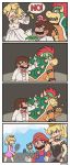  3boys 4koma alternate_color ayyk92 black_dress blonde_hair blue_eyes blue_overalls bowser bowsette bracelet breasts bridal_veil cleavage comic commentary crown dress elbow_gloves english english_commentary facial_hair fang flat_color genderswap genderswap_(mtf) gloves hat highres horns jewelry luigi mario mario_(series) mario_tennis mario_tennis_aces mini_crown motion_lines multiple_boys multiple_girls mustache new_super_mario_bros._u_deluxe overalls personification princess_peach rejection silent_comic single_letter smile speech_bubble spiked_armlet spiked_bracelet spiked_shell spikes super_crown super_mario_bros. super_mario_odyssey tennis transformation tuxedo veil wedding_dress 