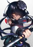  1girl black_hair bridal_gauntlets eyepatch eyepatch_removed fate/grand_order fate_(series) glowing glowing_eye hair_over_one_eye highres katana low_twintails mochizuki_chiyome_(fate/grand_order) red_eyes reverse_grip rope shimenawa sword twintails weapon 