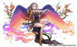  black_dress bracer breasts dress elbow_gloves esukee feathered_wings flower full_body gloves gold_footwear invisible_chair long_hair official_art purple_eyes red_gloves rose seisen_cerberus shoulder_armor silver_hair sitting small_breasts solo thorns transparent_background watermark wings 