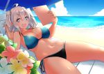  :d absurdres ahoge bare_arms bare_shoulders beach beach_umbrella bikini black_bikini_bottom blue_bikini_top blue_eyes blue_ribbon blue_sky breasts chair cleavage cloud collarbone commentary_request day eyebrows_visible_through_hair fang fingernails flower grey_hair hair_between_eyes hands_up highres holding horizon large_breasts leaf litty long_fingernails long_hair looking_at_viewer lounge_chair lying matsunoki_(unknown_751) mismatched_bikini navel ocean on_back open_mouth original outdoors pink_flower plumeria ribbon shiny shiny_hair shiny_skin side-tie_bikini sky smile solo star star-shaped_pupils stomach string_bikini sunlight swimsuit symbol-shaped_pupils tablet thick_eyebrows thighs twintails umbrella v-shaped_eyebrows water white_flower yellow_flower 