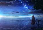  artist_name blush brown_hair closed_mouth cloud eyebrows_visible_through_hair highres kumeki_(kk4615) long_hair looking_at_viewer night night_sky original outdoors purple_eyes scenery signature sky solo standing star_(sky) starry_sky telescope tree 