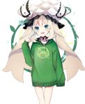 :d ameshizuku_natsuki bangs blue_eyes blush clothes_writing eyebrows_visible_through_hair fate/grand_order fate_(series) frilled_hat frills green_hoodie hair_between_eyes hat head_tilt hood hood_down hoodie light_brown_hair long_hair long_sleeves marie_antoinette_(fate/grand_order) open_mouth quick_shirt sleeves_past_fingers sleeves_past_wrists smile solo twintails very_long_hair white_hat 