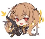  :d bangs big_head black_bow black_footwear black_jacket black_legwear black_ribbon black_skirt blush boots bow brown_hair character_name commentary english_commentary eyebrows_visible_through_hair fang girls_frontline gun h&amp;k_ump9 hair_between_eyes hair_bow hair_ornament hairclip hitsukuya holding holding_gun holding_weapon jacket knee_boots long_hair long_sleeves looking_at_viewer neck_ribbon object_namesake open_mouth pantyhose pleated_skirt red_eyes ribbon scar scar_across_eye shirt sketch skirt smile solo twintails ump9_(girls_frontline) very_long_hair weapon white_background white_shirt 