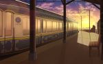  bad_id bad_pixiv_id bench biako blue_skirt cloud cloudy_sky commentary_request evening gradient_sky ground_vehicle highres no_humans original outdoors scenery skirt sky sun sunlight sunset train train_station yellow_sky 