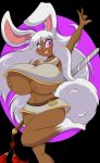  animal_humanoid big_breasts blush breasts dark_skin female hair humanoid lagomorph mammal mastergodai purple_eyes rabbit_humanoid solo under_boob white_hair 