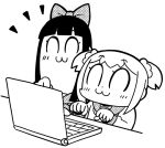  :3 bkub blush bow comic computer greyscale hair_bow hair_ornament hair_scrunchie laptop monochrome multiple_girls pipimi pointing poptepipic popuko school_uniform scrunchie serafuku sidelocks two_side_up 