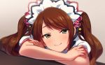  bangs brown_hair closed_mouth crossed_arms eyebrows_visible_through_hair green_eyes idolmaster idolmaster_side-m long_hair looking_at_viewer maid_headdress mizushima_saki otoko_no_ko puffy_short_sleeves puffy_sleeves sayshownen short_sleeves smile solo star swept_bangs twintails 