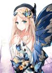  abigail_williams_(fate/grand_order) absurdres bangs bare_shoulders black_hat blonde_hair blue_eyes blue_wings blush butterfly_hair_ornament butterfly_wings closed_mouth commentary_request dress eyebrows_visible_through_hair fallen_heaven fate/grand_order fate_(series) hair_between_eyes hair_ornament hands_up hat highres long_hair long_sleeves off-shoulder_dress off_shoulder parted_bangs simple_background smile solo very_long_hair white_background white_dress wide_sleeves wings 