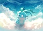  altaria bird blue blue_sky cloud cloudy_sky commentary_request day fluffy gen_3_pokemon looking_at_viewer manino_(mofuritaionaka) no_humans one_eye_closed outdoors pokemon signature sky swablu 